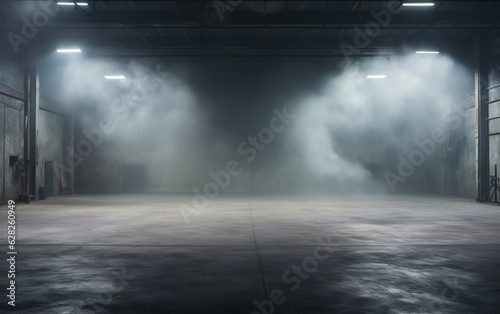 An empty studio with a cement floor, with floodlights above and smoke in the background