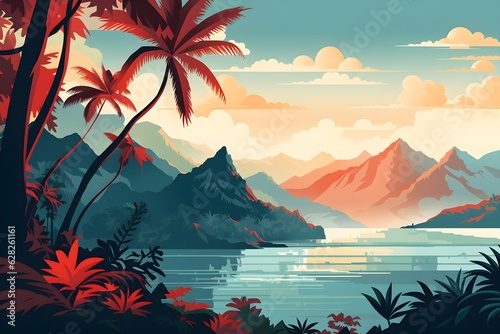 Illustration of morning summer beach with sunset and mountines.