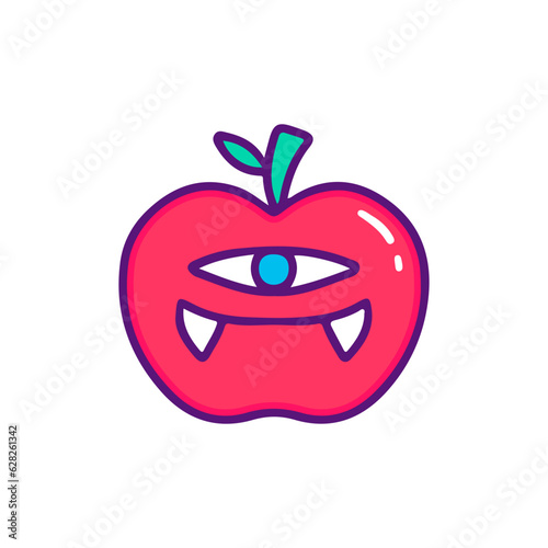 Monster apple character, illustration for t-shirt, sticker, or apparel merchandise. Doodle, retro, and cartoon style.