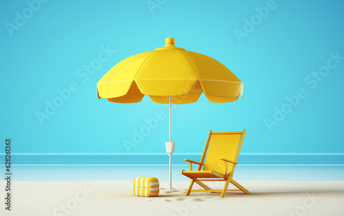 Beach Chair  Yellow Umbrella and Ball  Summer holiday  Time to travel concept