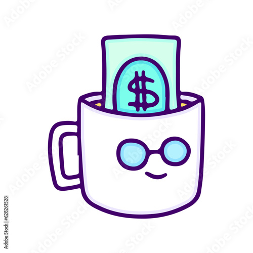 Money inside a cup of coffee, illustration for t-shirt, sticker, or apparel merchandise. With doodle, retro, and cartoon style.