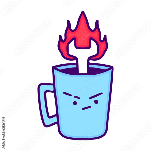 Burning wrench inside a cup of coffee, illustration for t-shirt, sticker, or apparel merchandise. With doodle, retro, and cartoon style.