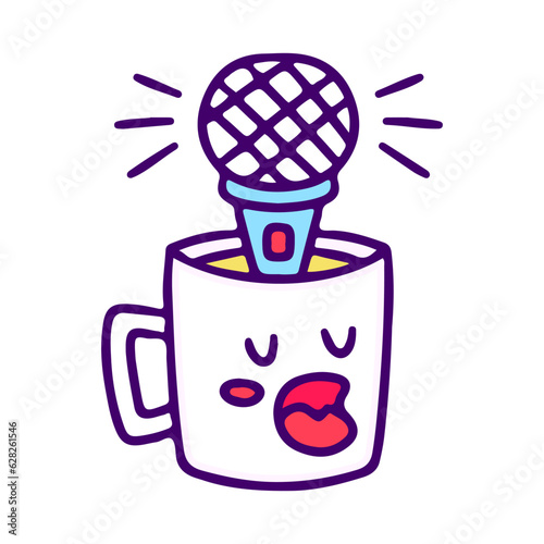 Microphone inside a cup of coffee, illustration for t-shirt, sticker, or apparel merchandise. With doodle, retro, and cartoon style.