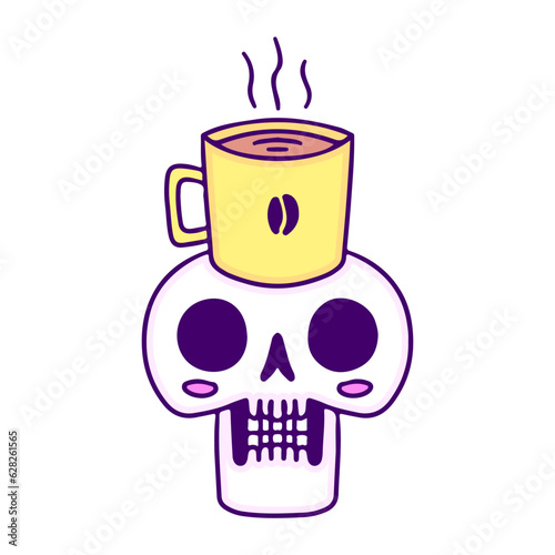 Skull head and a cup of coffee, illustration for t-shirt, sticker, or apparel merchandise. With doodle, retro, and cartoon style.