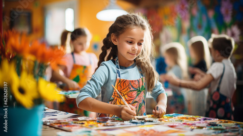 Children painting colorful artwork in an art class, banner, schoolkids, Generative AI