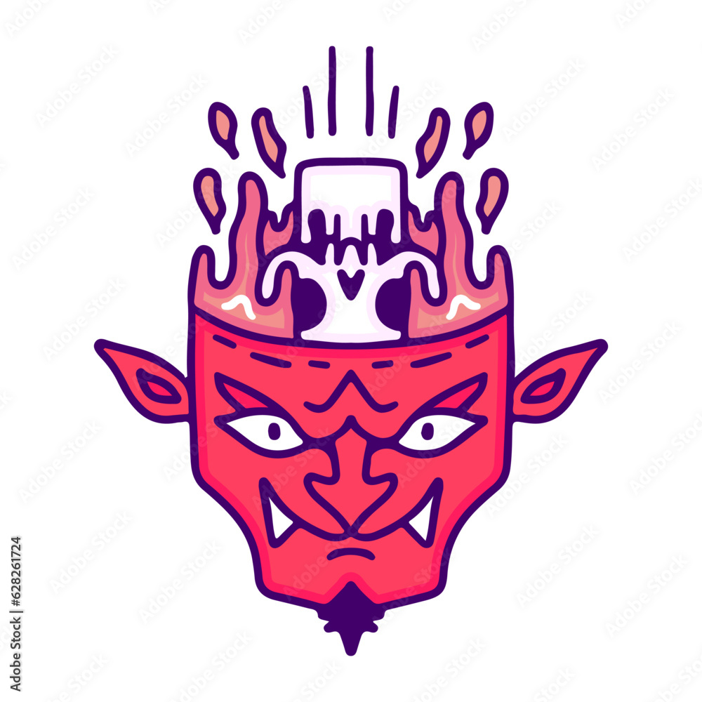 Skull falling into devil head, illustration for t-shirt, sticker, or apparel merchandise. With doodle, retro, and cartoon style.