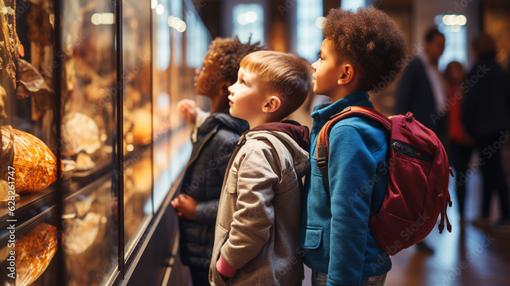 Kids exploring a museum exhibit on a school trip, banner, schoolkids, Generative AI