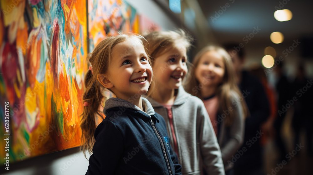 Kids showcasing their artwork in an art exhibition, banner, schoolkids, Generative AI