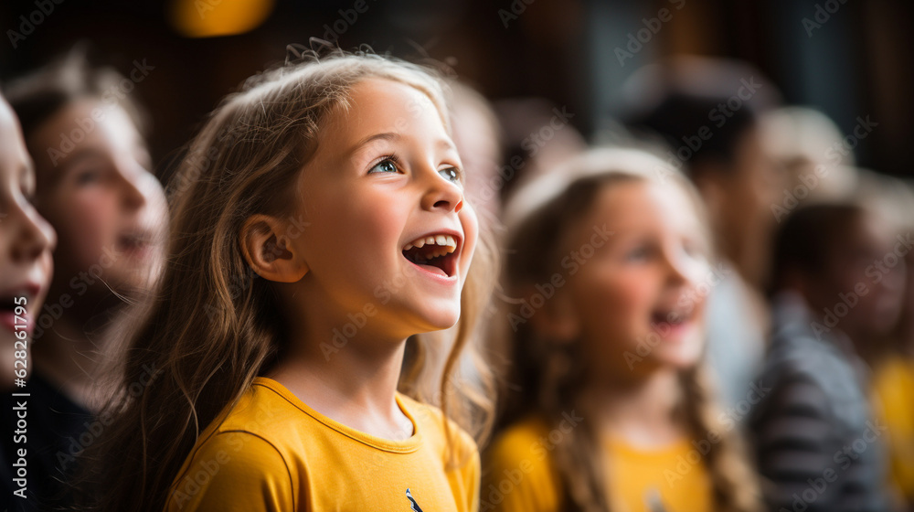 Kids participating in a school choir performance, banner, schoolkids, Generative AI