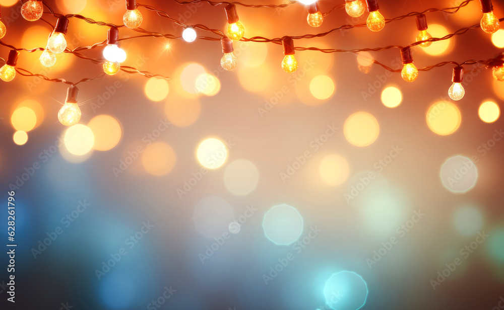 Christmas lights string on blue background with copy space Christmas lights string on blue background with copy space
