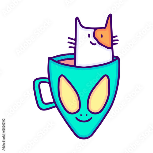 Cute cat inside alien mug, illustration for t-shirt, sticker, or apparel merchandise. With doodle, retro, and cartoon style.