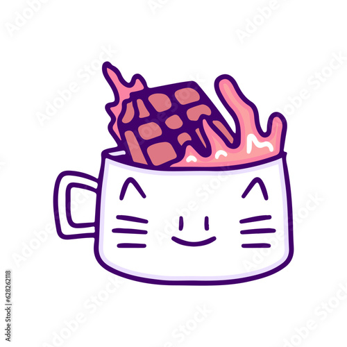 Cute cat cup with chocolate bar inside, illustration for t-shirt, sticker, or apparel merchandise. With doodle, retro, and cartoon style.