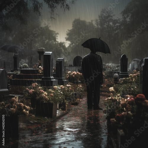 Man looking at grave in the rain 
