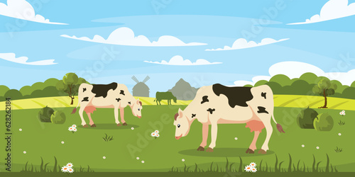 Vector illustration of a flock of cows in cartoon style. Pasture for a group of animals in the open. Grass bushes and trees grow on the field. Rural life.