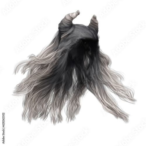 3d render black and white straight hair with horns isolated 