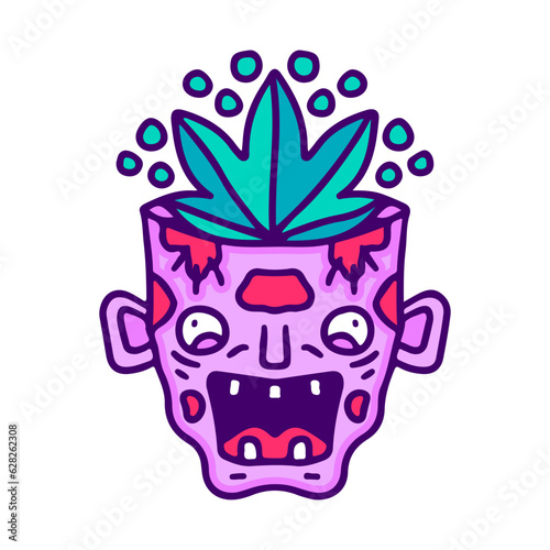 Weed leaf inside zombie head, illustration for t-shirt, sticker, or apparel merchandise. With doodle, retro, and cartoon style.