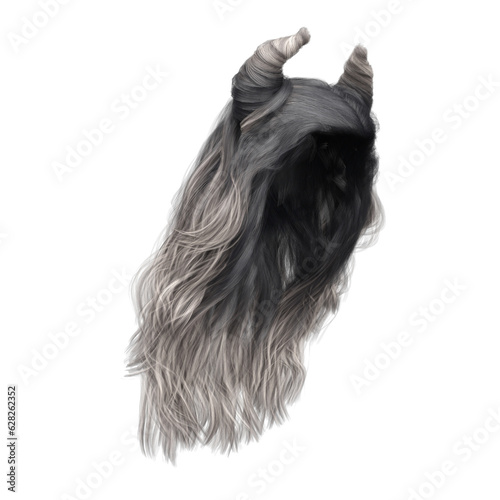 3d render black and white straight hair with horns isolated 