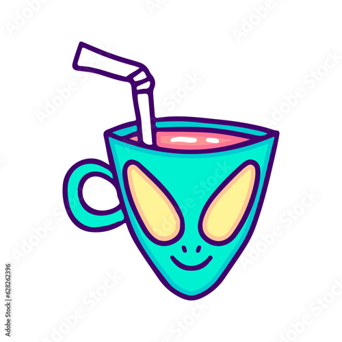 Cool alien mug, illustration for t-shirt, sticker, or apparel merchandise. With doodle, retro, and cartoon style.