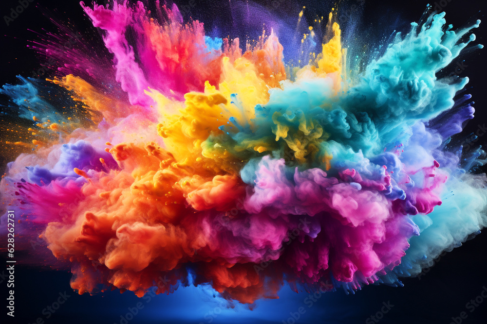 Explosion of colored powder. Colorful holi, colorful iridescent splash of holi paint. AI generated