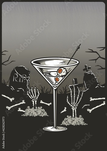 Halloween cocktail cemetery party poster with eye and zombie