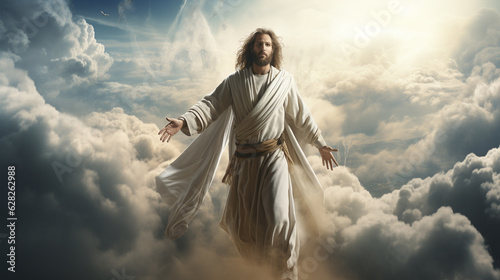 Jesus praying with his hands up against cloudy sky Generative AI