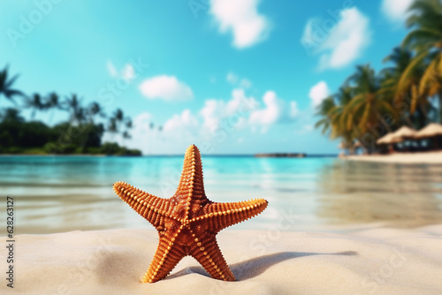 Starfish on a sandy beach against the backdrop of the ocean and palm leaves. AI generated