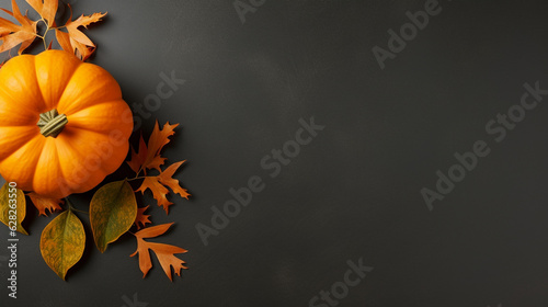 Overhead Flatlay View of Pumpkin Surrounded by Dry Fall and Autumn Leaves - On Matte Black Gradient Background - Beautiful Orange and Yellow Tones with Copy Space - Generative AI