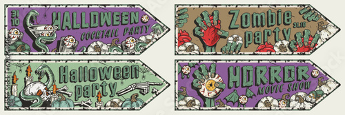 Halloween pointer posters with eyeball and heart in zombie hand, skull, pumpkin and snake. Pointer backgrounds for dark party design fo happy halloween