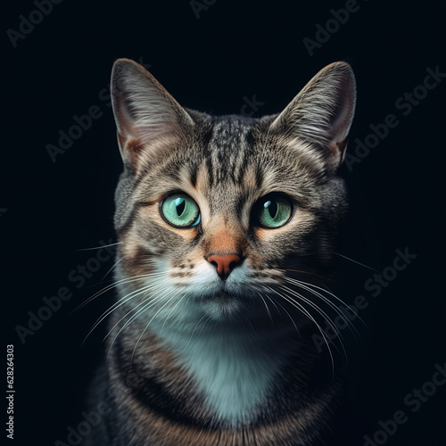 Gray cat with green eyes on a black background. Portrait of a pet  full-face close-up. Generative AI. For cat food advertising.