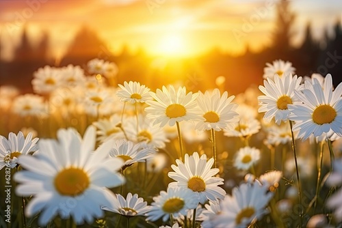 Chamomile flower field at sunrise.