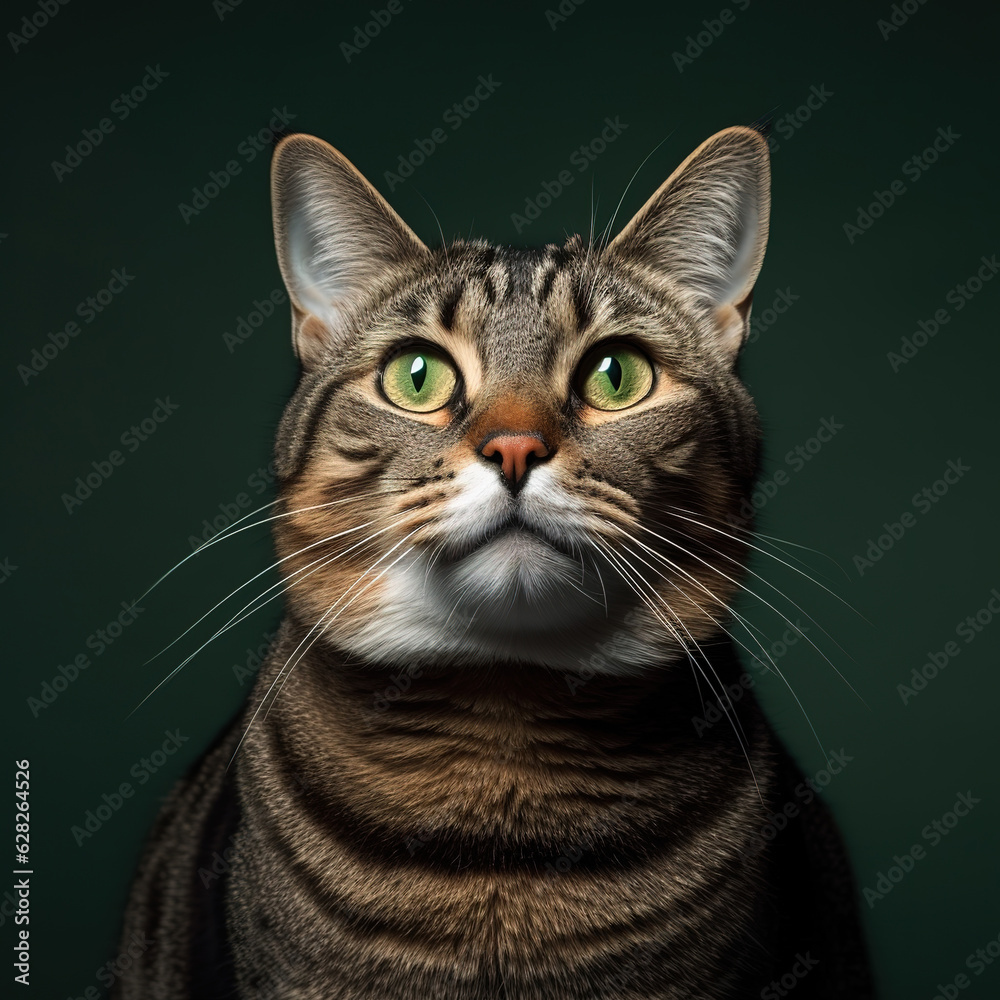 Illustration of a cute fat tabby cat isolated on a dark background. For cat food advertising. Generative AI