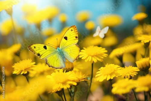 Cheerful buoyant spring summer shot of yellow Santolina flowers and butterflies in meadow.