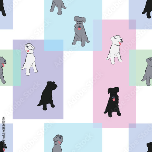 Cartoon shaggy dogs and colored rectangles on white background, seamless vector pattern