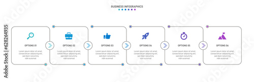 Timeline infographic with infochart. Modern presentation template with 6 spets for business process. Website template on white background for concept modern design. Horizontal layout.