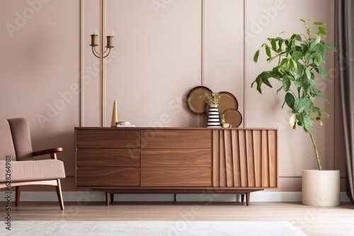 interior background lamp empty chest of drawers light furniture art living room. Generative AI.