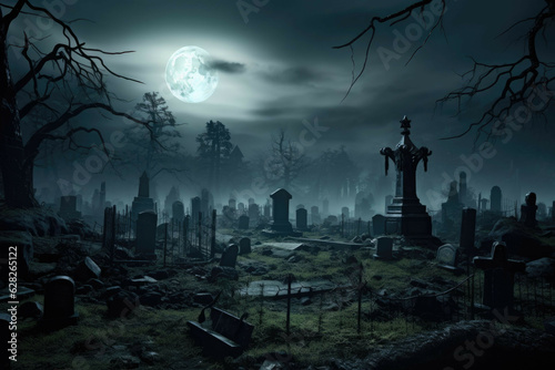 Obraz na płótnie Spooky graveyard at midnight on Halloween - Generative AI