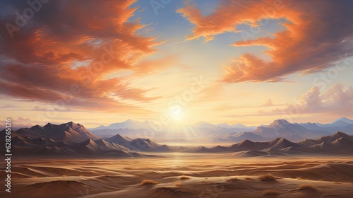  a painting of a desert landscape with mountains and a sunset. generative ai