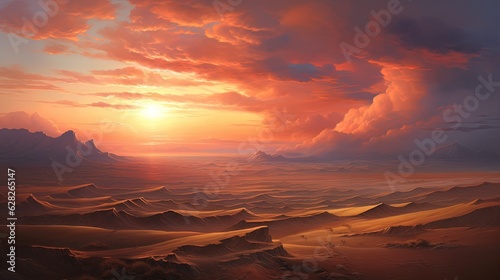  a painting of a sunset over a desert with mountains in the distance. generative ai