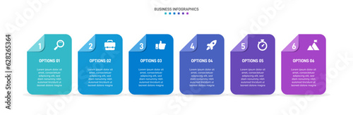 Timeline infographic with infochart. Modern presentation template with 6 spets for business process. Website template on white background for concept modern design. Horizontal layout.