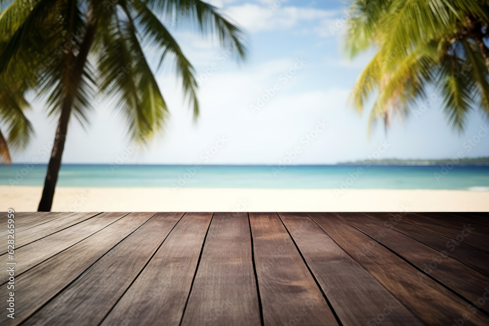Dark wood floor top on blur tropical beach background - can be used for display or montage your products. High quality photo
