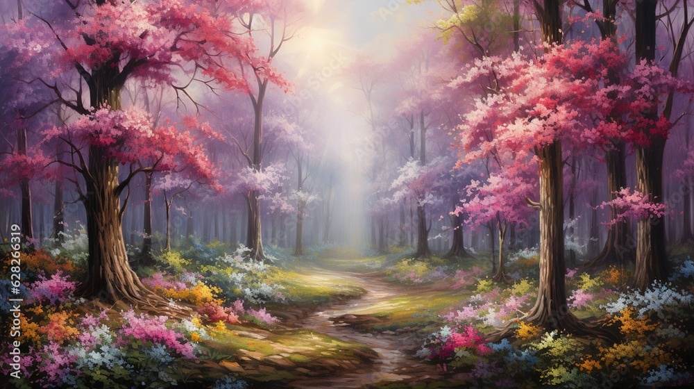  a painting of a path through a forest with pink trees.  generative ai