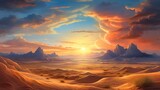  a painting of a desert landscape with mountains in the distance.  generative ai