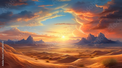  a painting of a desert landscape with mountains in the distance. generative ai