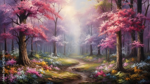  a painting of a path through a forest with pink trees. generative ai