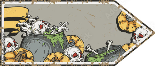 Halloween party poster with skeleton hand, skulls and cemetery. October autumn scary banner with pumpkins