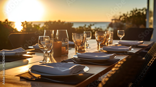 Sunset behind placesettings on luxury patio dining table