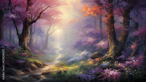  a painting of a forest scene with a stream running through it.  generative ai
