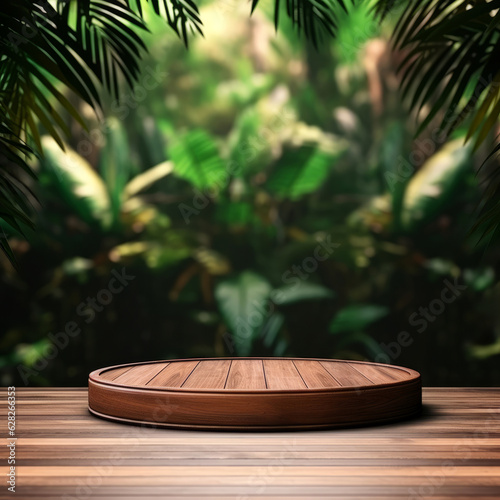 Wooden circle product stand on wooden table in front of blurred tropical background. High quality photo © oksa_studio