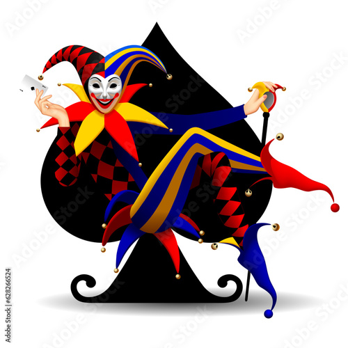 Joker seated in a chair in the shape of the symbol of the suit of spades with a stick and a playing card in his hands, isolated on white. Three Dimensional 
stylized drawing. Vector illustration