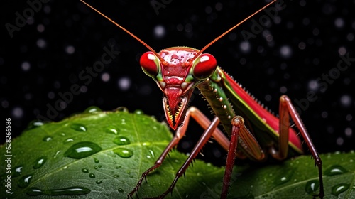  a close up of a grasshopper on a green leaf. generative ai